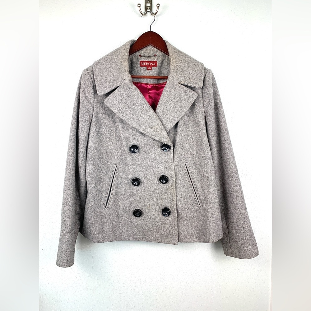 Merona Wool Blend Light Gray Double-Breasted Pea Coat Pink Lining, Size XL